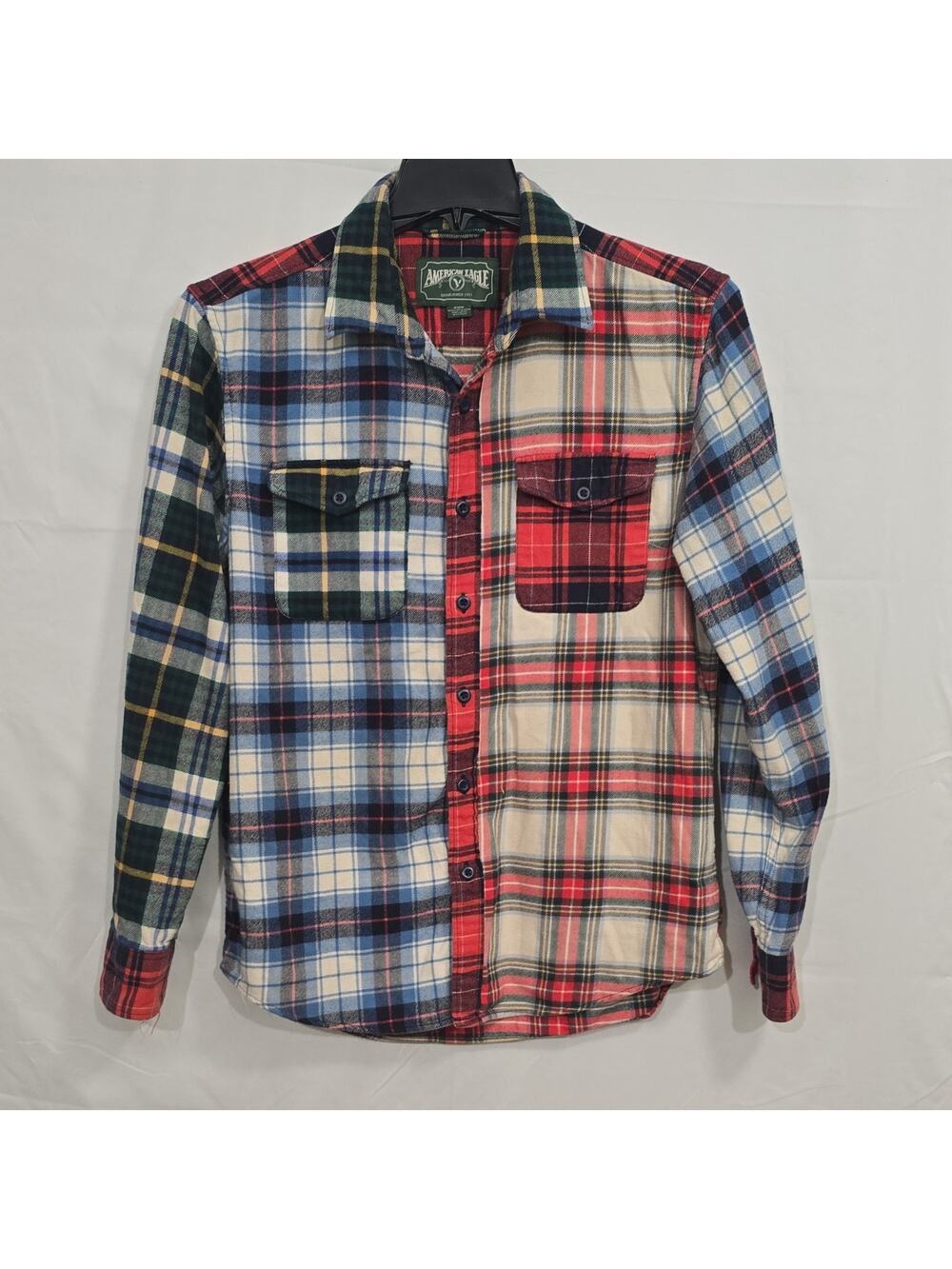 American Eagle Men's M Multicolor Plaid Flannel Cotton Button-Up Shirt Pockets